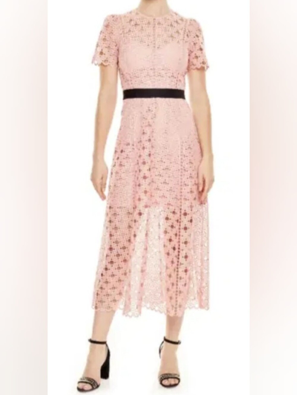 Sandro Pink Lace Midi Dress with Black Waistband Size 38